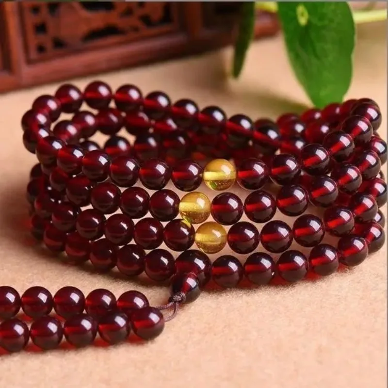 

108 Beads Blood Amber Round Bead Bracelet & Necklace, Unisex Ethnic Boho Jewelry for Men Women, Vintage Natural Amber Ornament