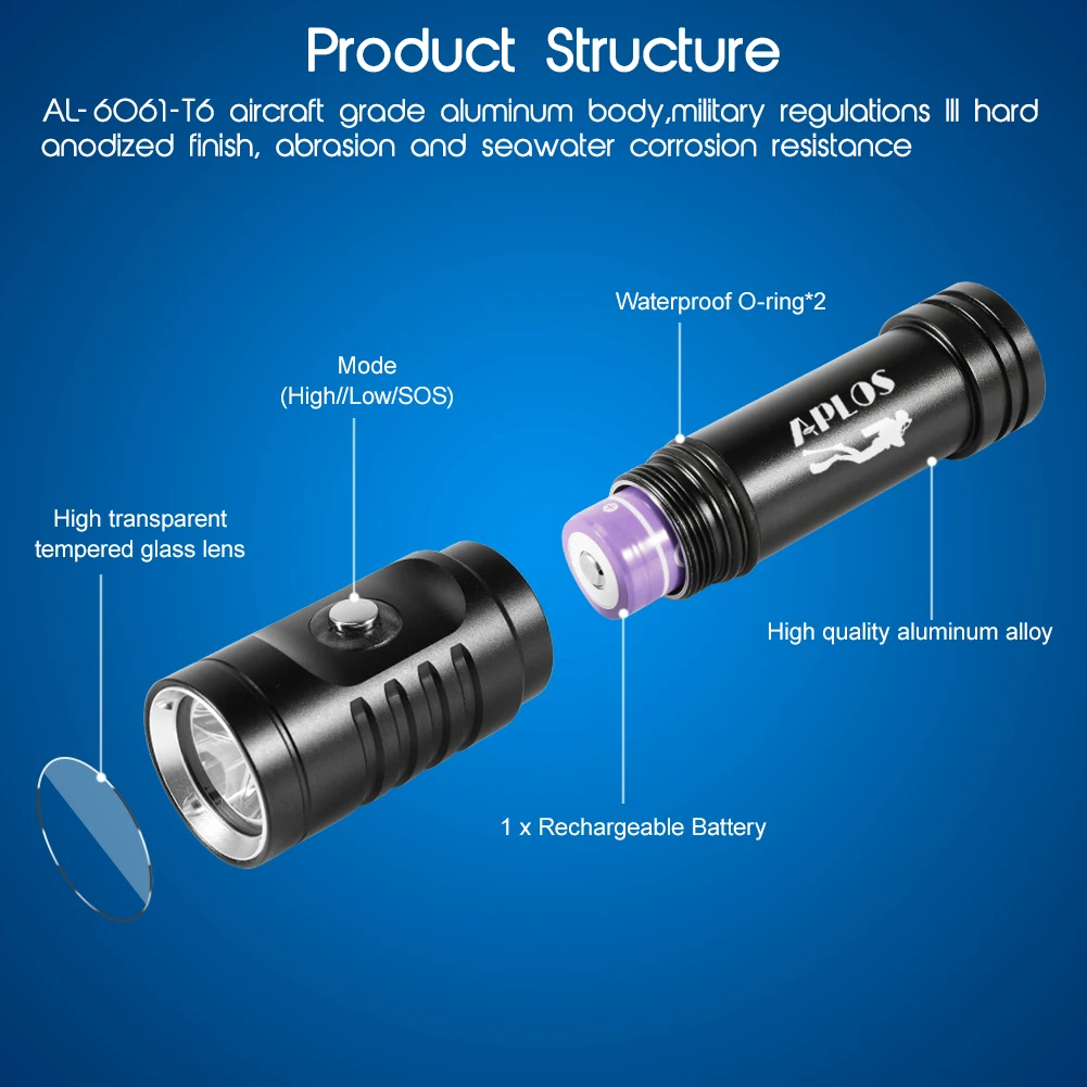 APLOS AP01 1050 Lumens Diving Flashlight XM-L2 5000k LED Scuba Dive Light, IPX8 Waterproof Underwater 100m Rechargeable Torch