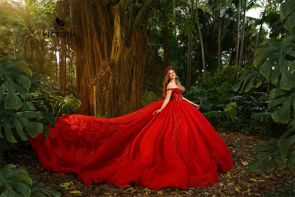 Wowed Red Lace Applique Fora Do Ombro Vestido Quinceanera, Doce 15 Anos Menina Vestido De Festa De Aniversário