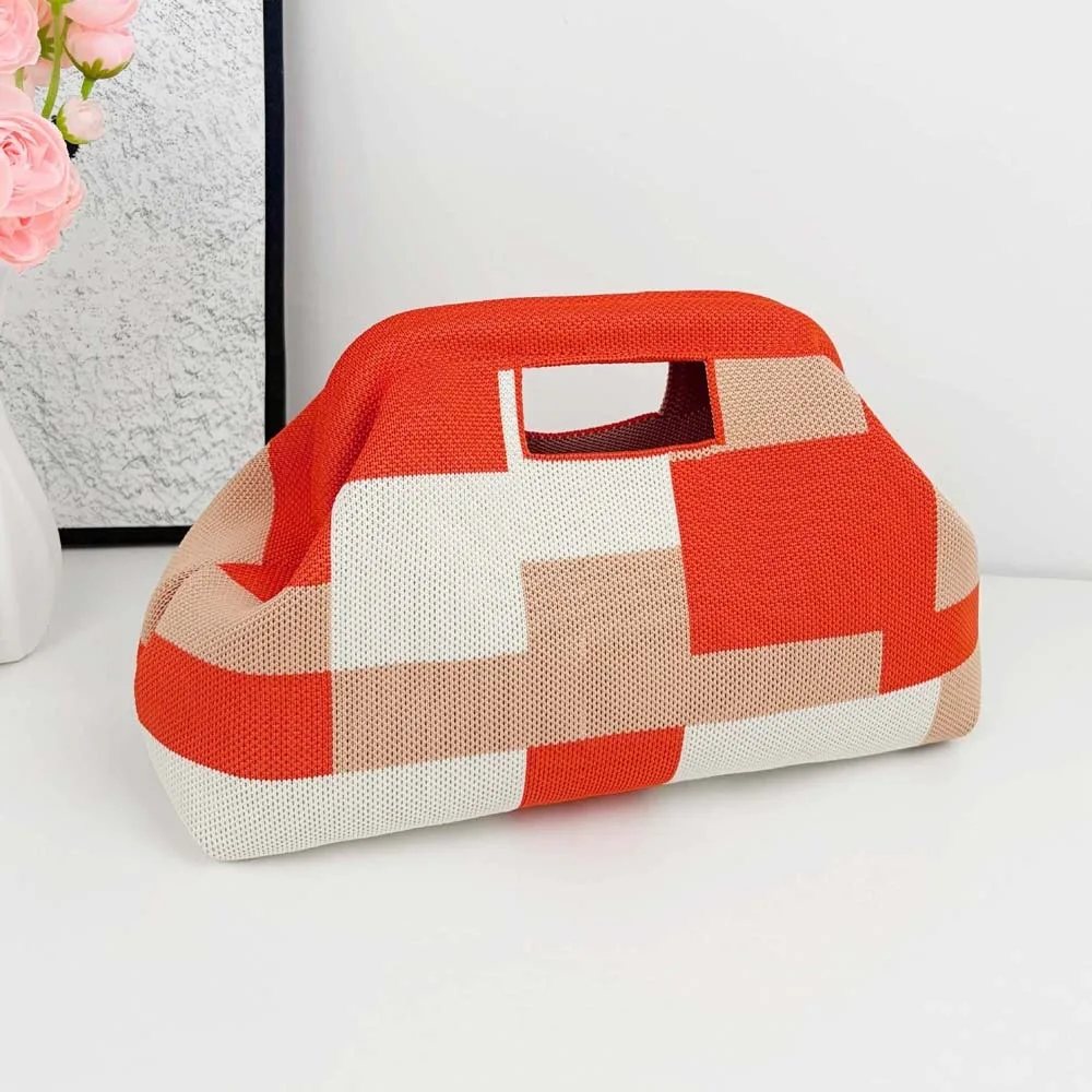Cloud Shoulder Pouch Woven Knit Handbag Soft Lightweight Striped Tote Bag Durable Flexible Contrast Color Purse Commuting