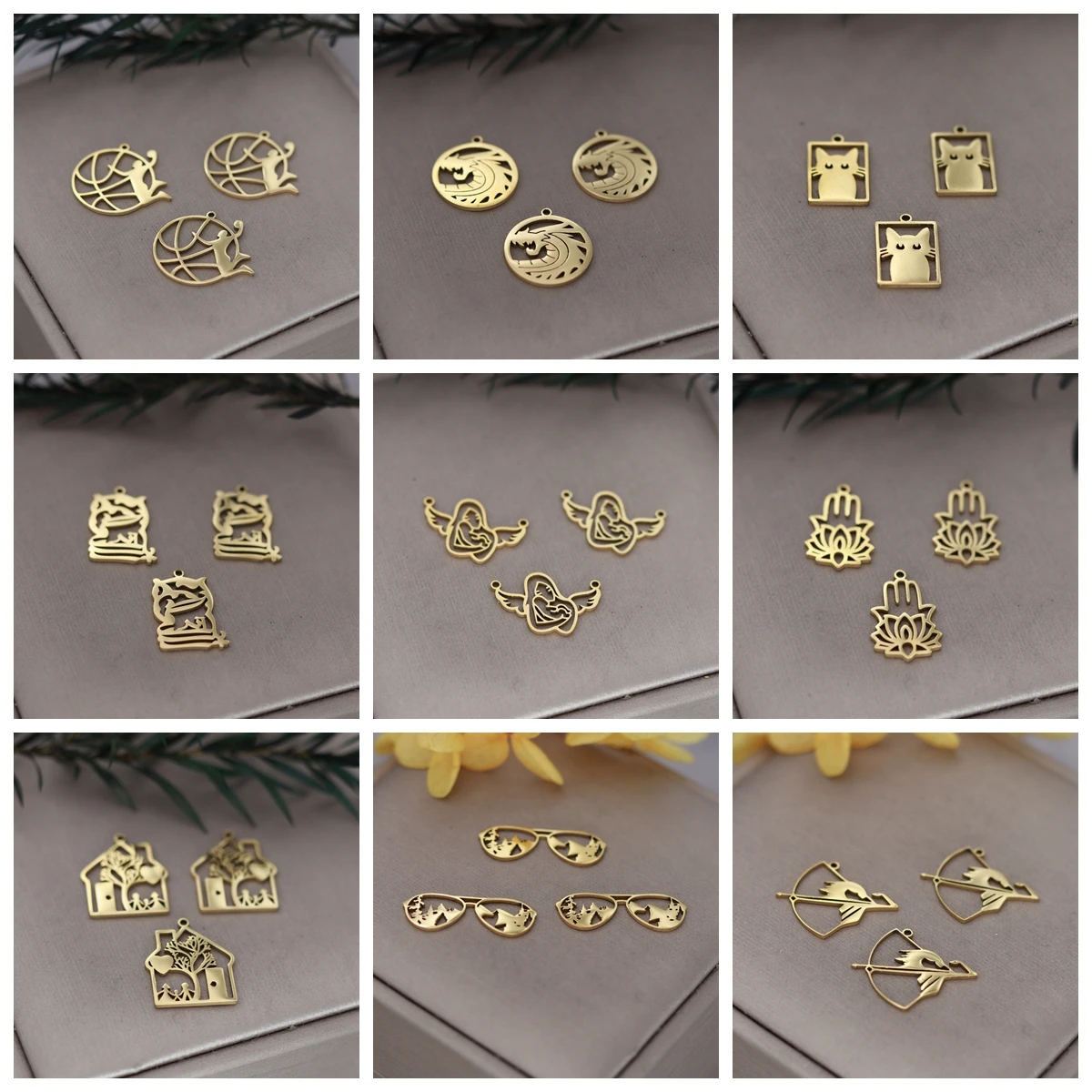 3pcs Lotus Flower Charms DIY Earring Necklace Bracelet Unicycle Hamsa Hand Cat Glasses House Arrow Pendant For Jewelry Making