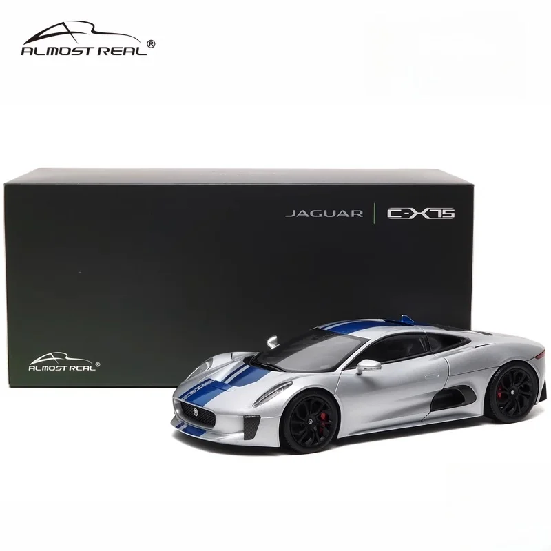 1:18 Jaguar C-X75 - Silver with blue stripes,alloy die-cast static miniature car fashion play model,adult collection decoration.