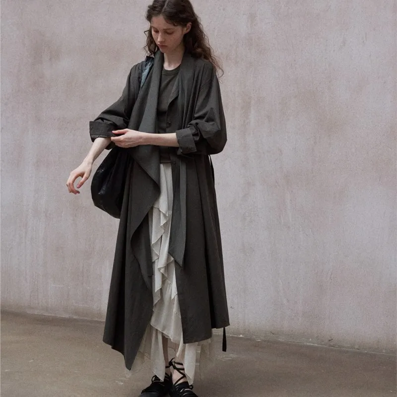 

Johnature 2025 New Fashion Irregular Strappy Thin Jacket Simple Casual Loose Silhouette Women Trench Coat