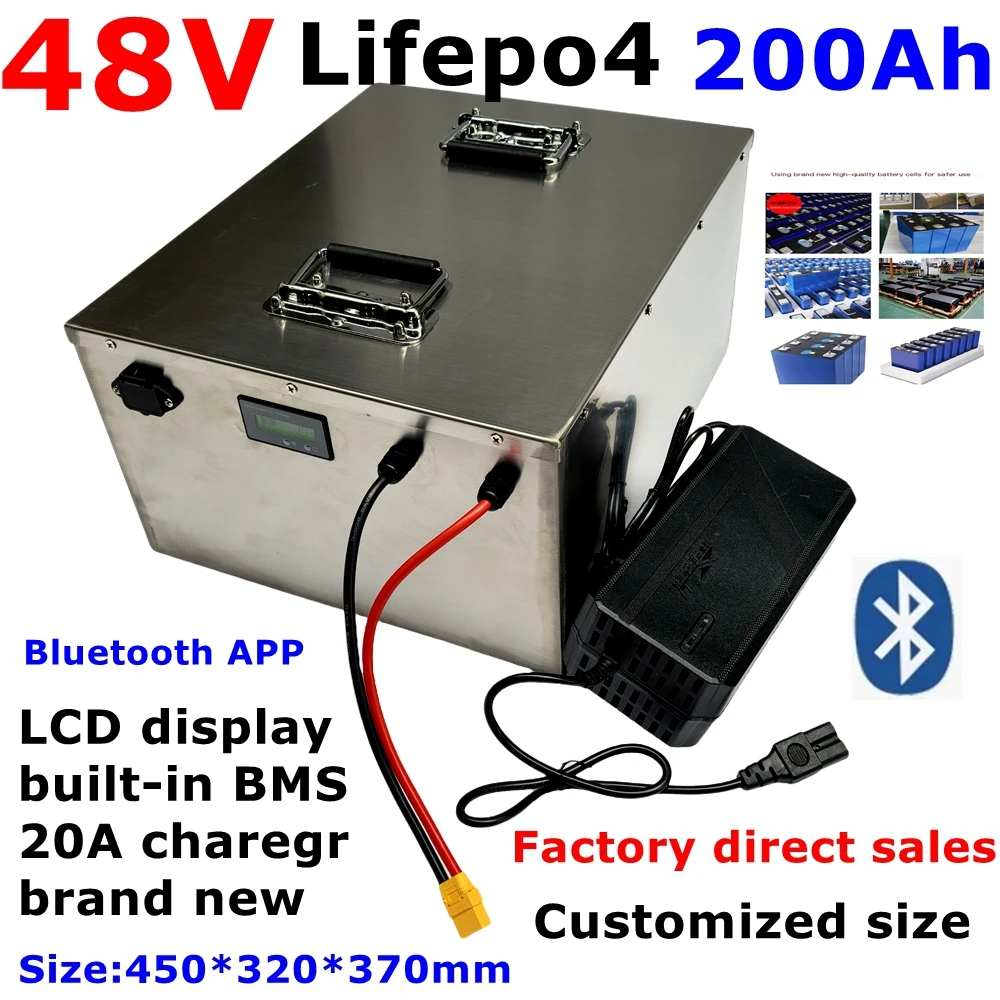 waterproof Lifepo4 48v 150AH battery bluetooth BMS for 4800w Scooter bike golf cart Solar energy + 10A charger