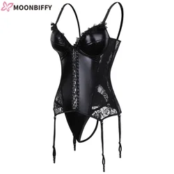 Black Shinny Women Steampunk Gothic Lace Corset Faux Leather Bra Bustier Lingerie Large Size S-XXXXXXL Black Corset Top