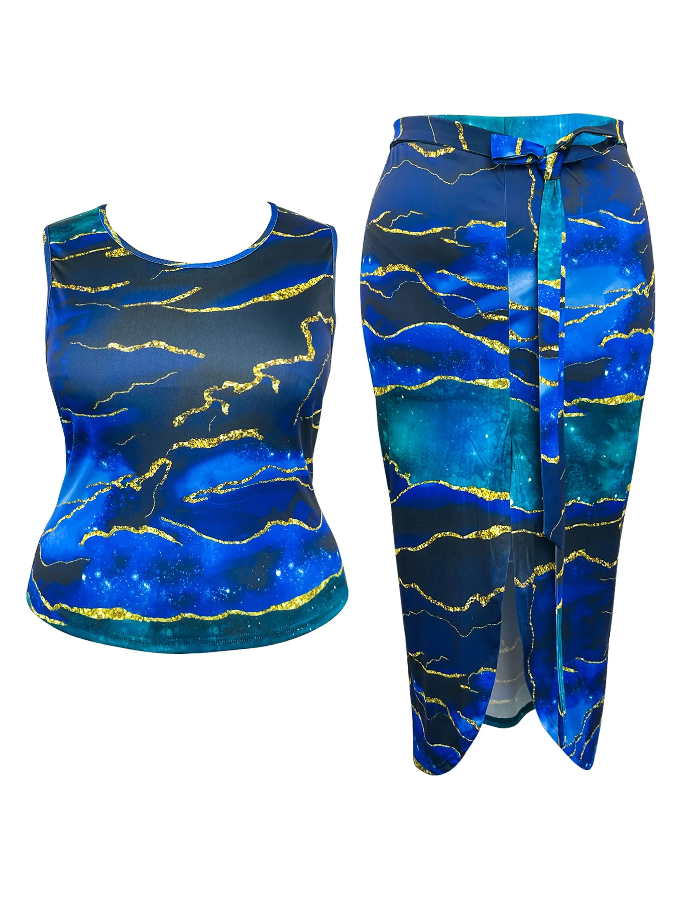 

Женский летний комплект больших размеров с принтом: жилет с нерегулярным принтом и свободная, удобная, элегантная стильная юбка-миди с галстуком 1–5XL.