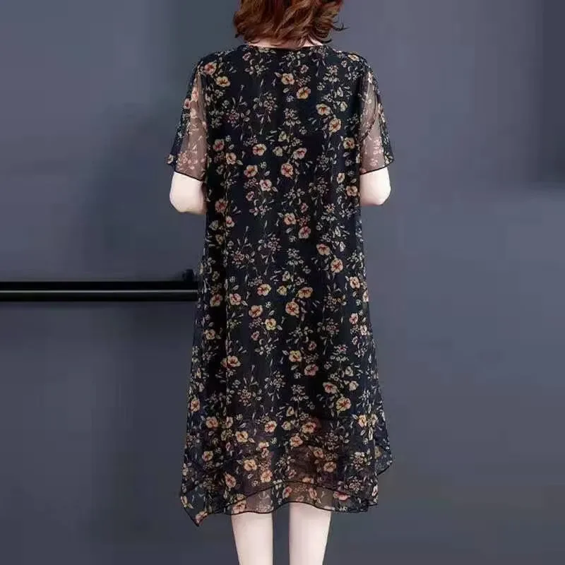 女性のヴィンテージフローラルプリントフリルメッシュパーティードレス、Oネック、ルーズミディドレス、夏のファッション、エレガント、2020