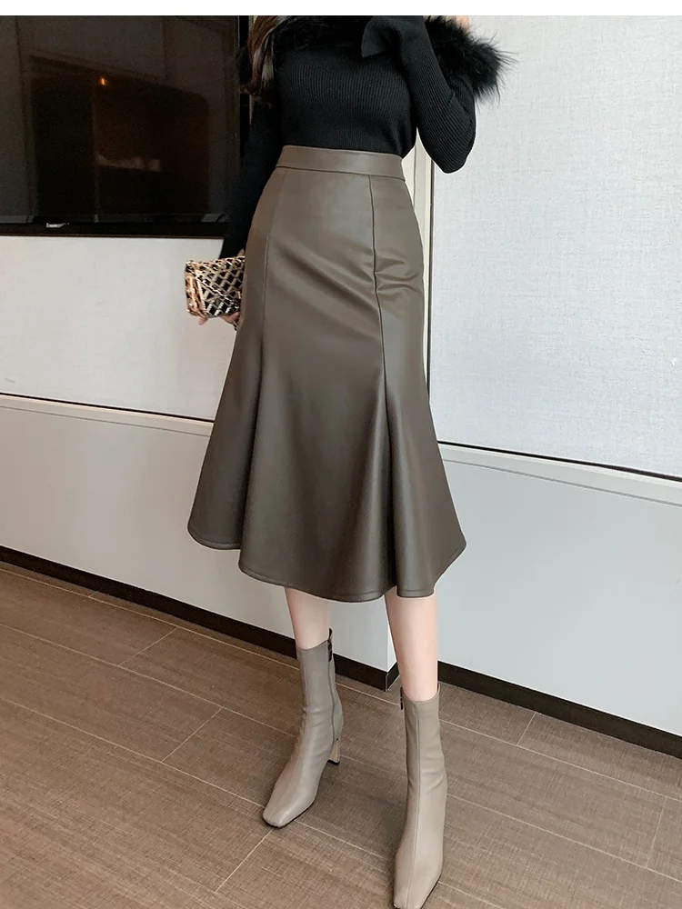 

SMTHMA 2024 New Autumn Wnter Korean Version Mid Mermaid Skirt Women's Fashion irregular Big Swing PU Leather Skirt