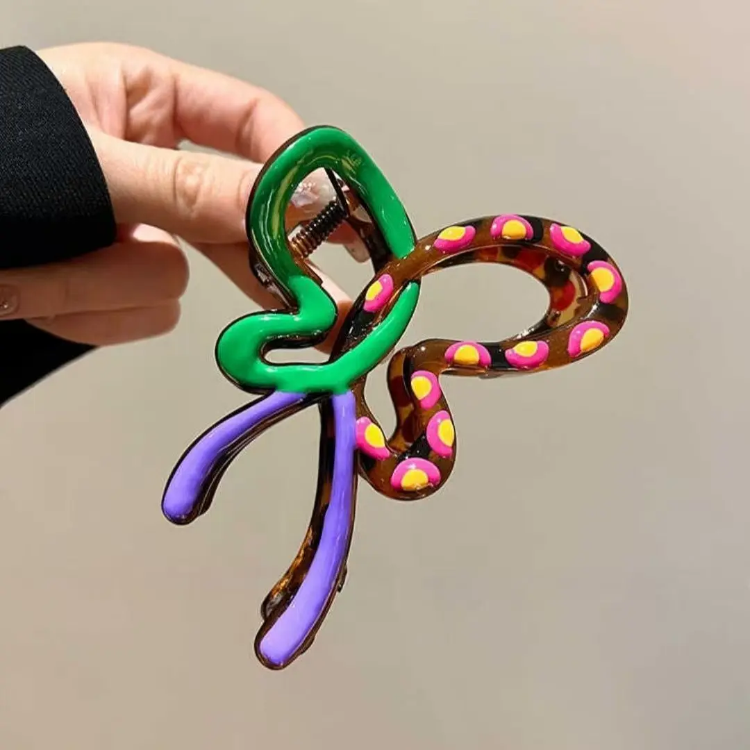 Pinza de Pelo Grande Vintage con Diseño de Mariposa para Mujer, Pinza Francesa con Puntos de Aceite Rosa y Verde, Pinza para Cola de Caballo, Accesorios para el Cabello