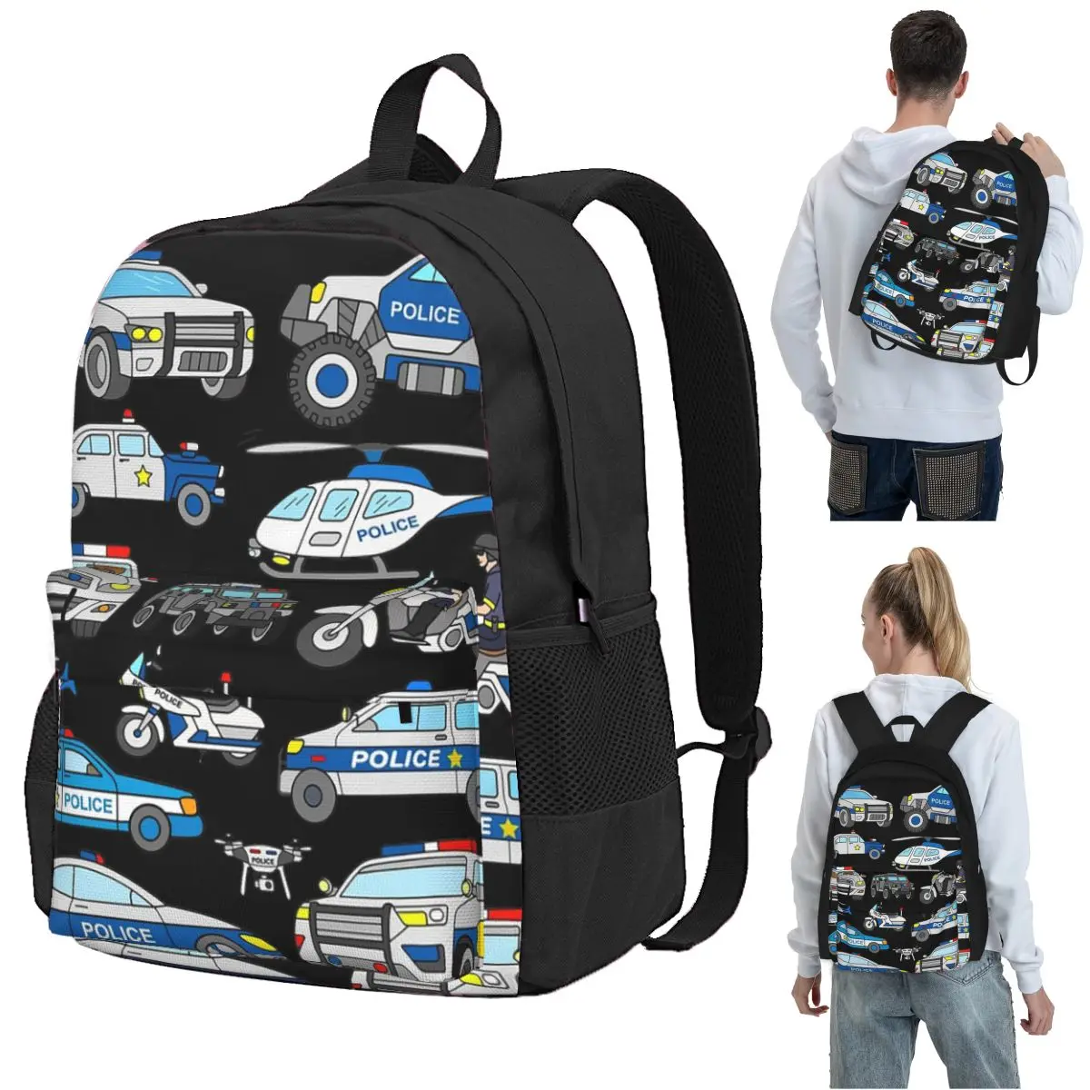 Police Car Design Backpack Student BookBag Kids School Bag Computer Shoulder Bags for Men Women