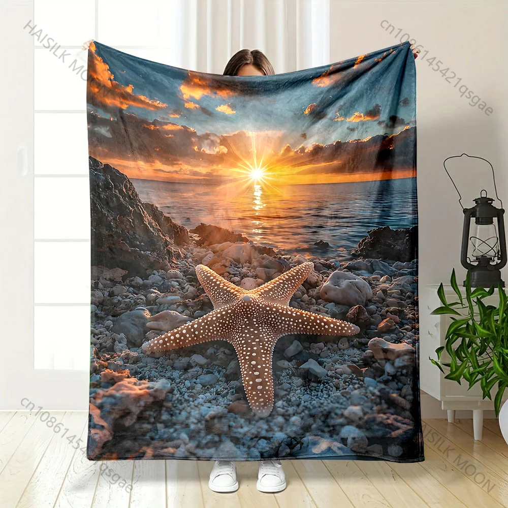 Starfish on rocky sunset beach Print Adult Children Warm Blankets Home Travel Car Soft Comfortable Suitable for all seasons