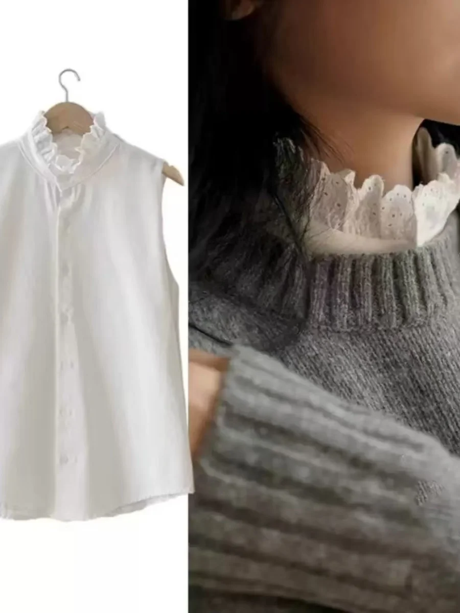 

Осенний новый жилет с кружевным воротником и скользящим многослойным белым высококачественным базовым слоем, женский корейский свободный крой на пуговицах...