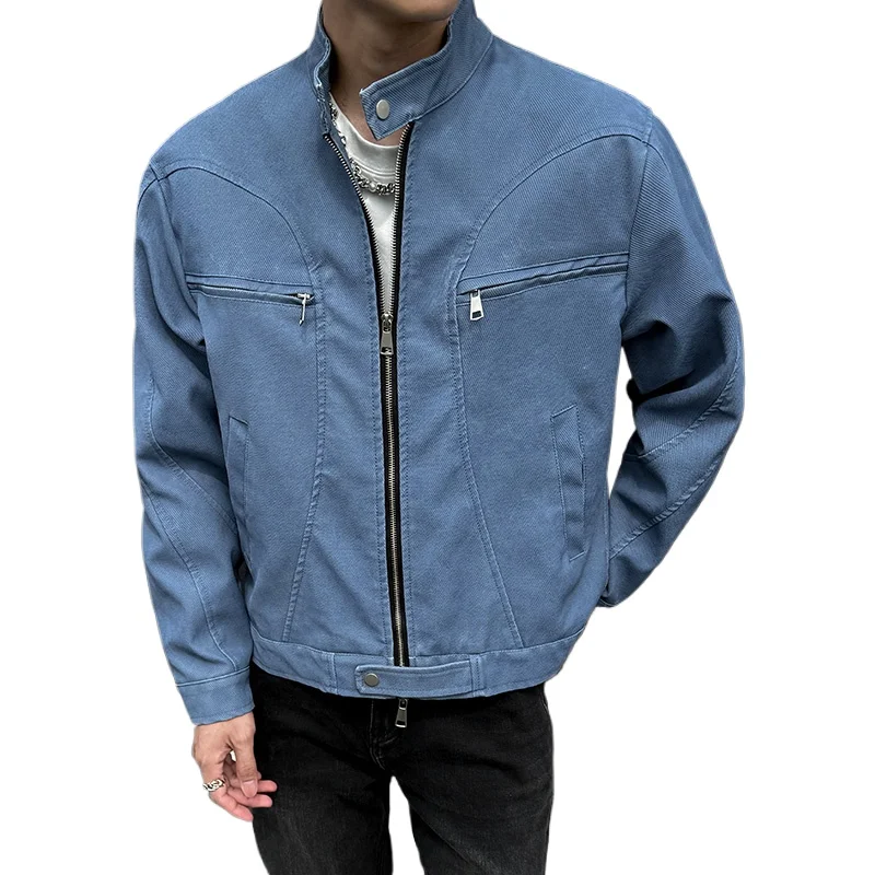 

Men Vintage Old Imitate Cloth PU Leather Streetwear Loose Casual Motorcycle Jacket Man Short Cargo Bomber Jacket Coat Outerwear