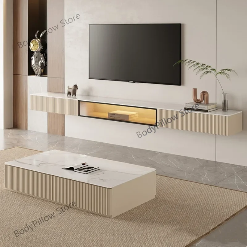 Nordic Solid Wood Suspended LED Smart Light TV Cabinets Living Room Furniture Modern Hanging Slate Luxury Wall  Stands d