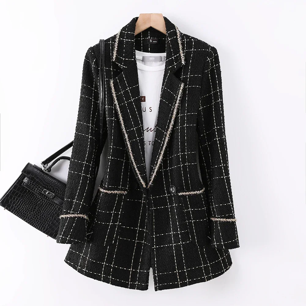 Jaqueta casual solta feminina, blazer xadrez preto branco, bolsos reais, casaco feminino, tops, moda primavera, outono, nova chegada, S-3XL