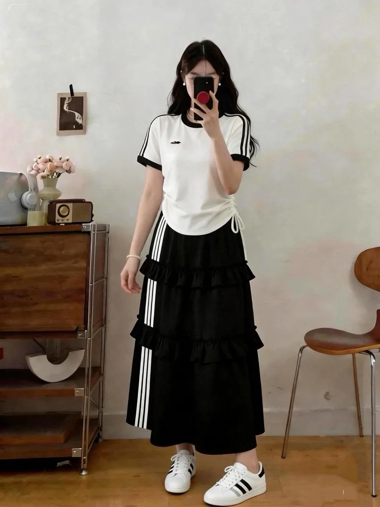 

plus Size Summer Korean Style Sweet Flounce Top And Half Skirt Two Piece Set Slimming Effect Casual Wear Breathable Fabric