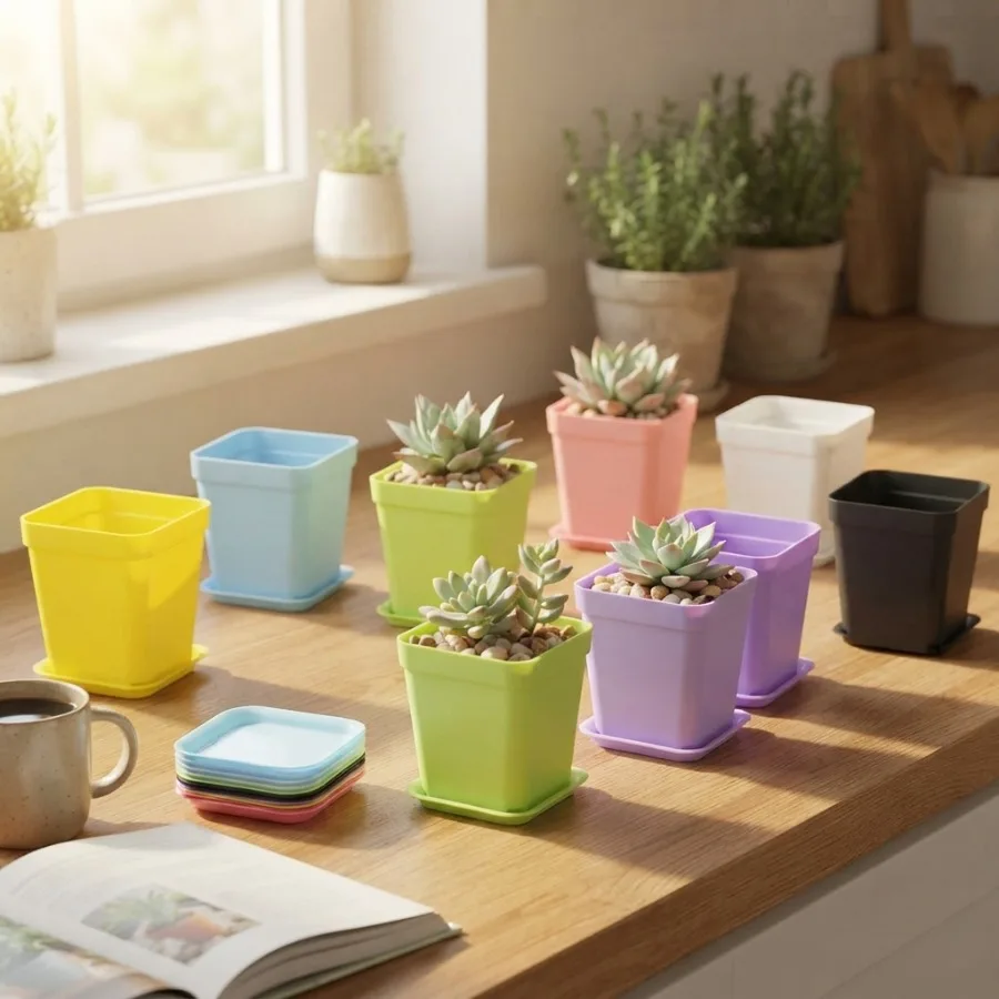 8Pcs 7cm Color Stackable Square Plastic Flower Pots with Drainage Trays Durable Space-Saving Indoor Gardening Planters