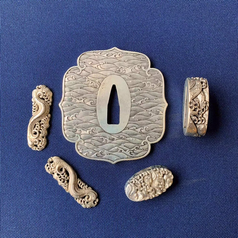 Set of Brass Copper Gilded w/ Gold & Silver Katana Sword Tsuba Fuchi Kashira Menuki Accessories for Katana Tachi Wakizashi Sword