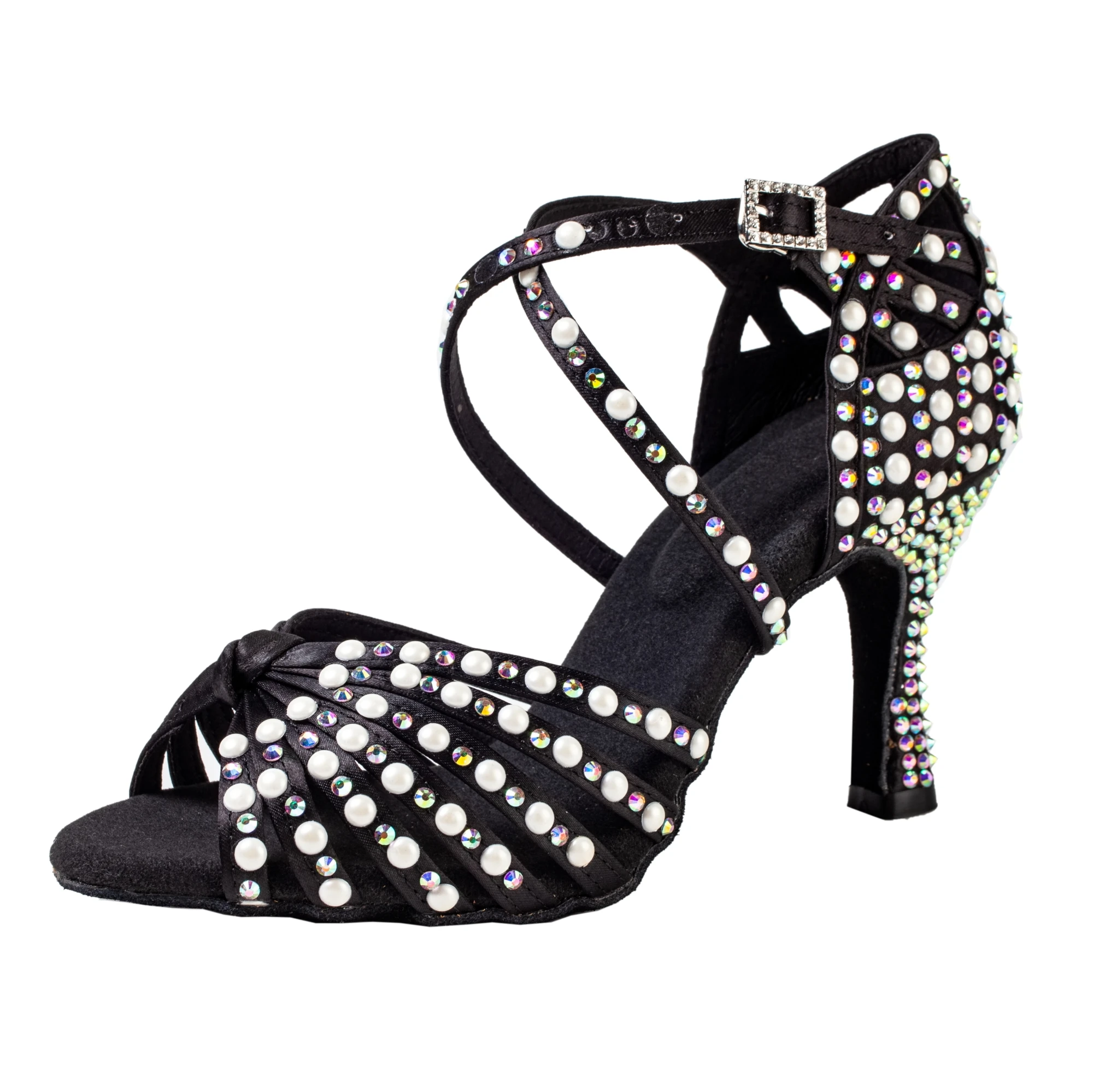 Профессиональная обувь для латинских танцев для женщин и взрослых, мягкая подошва на среднем каблуке 7,5 см с жемчугом и цветными бриллиантами, новые танцевальные сандалии