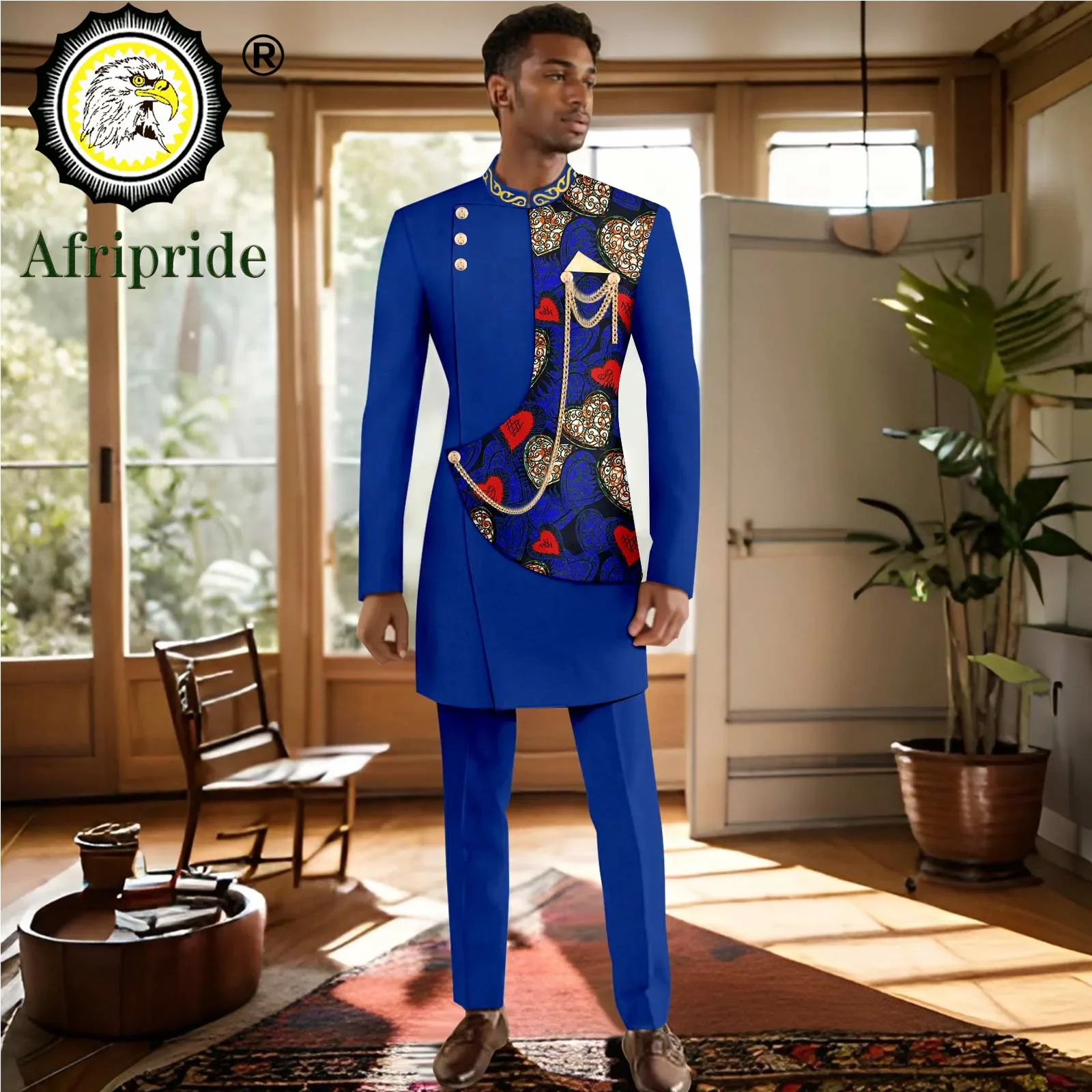 Men`s Suit Slim Fit Embroidery Gold Chain Single Breasted Blazer and Trousers 2 Piece Set Print Outfits African Clothes 2416062