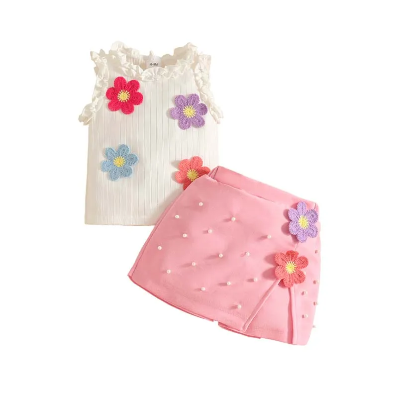 Toddler Clothing for Toddlers Girls 1–3 Years Summer Sleeveless Applique Top Pair With Beaded Accessory Skirt-Pants 2-Piece Set