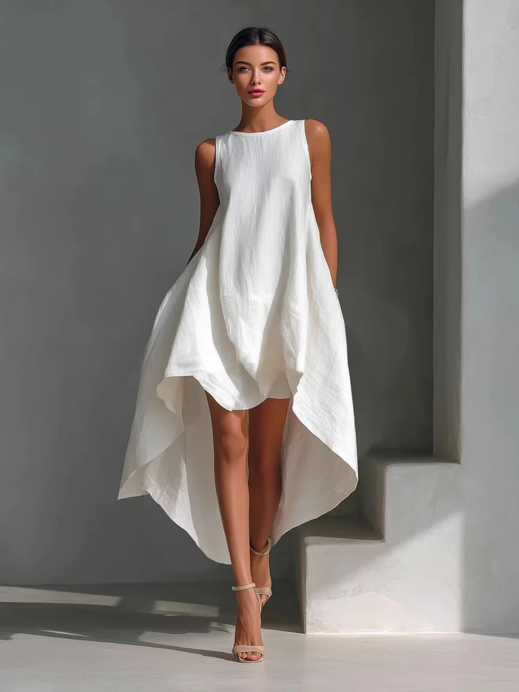 

Women's Elegant Solid Maxi Dress O-Neck Sleeveless Irregular Loose Fit Big Hem with Pocket Casual Summer Holiday Party