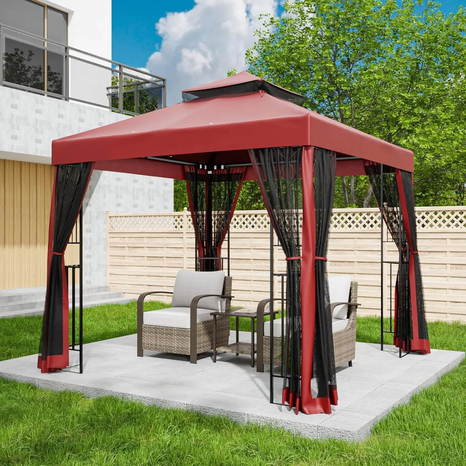 

8x8 Patio Gazebo with Mesh Netting, Double Roof Outdoor Pavilion with Corner Shelves for Lawn, Customized
