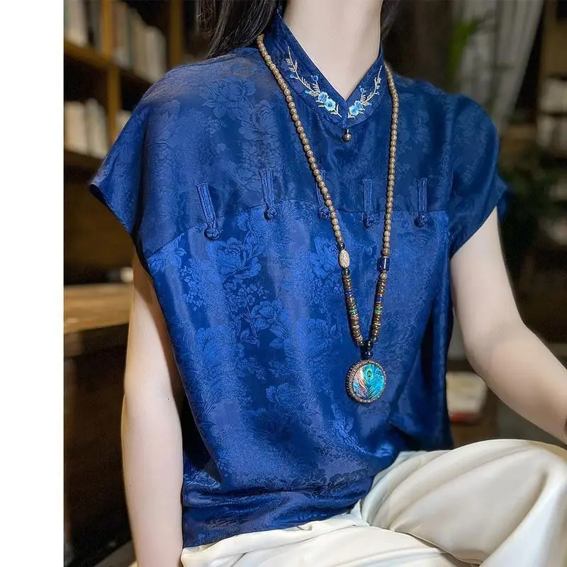 Chinese Stijl Blauw Vintage Top Cheongsam Blouse Vrouwen Effen Kleur Los Shirt Dagelijks Hanfu Top Oosterse Jacquard Vintage Top