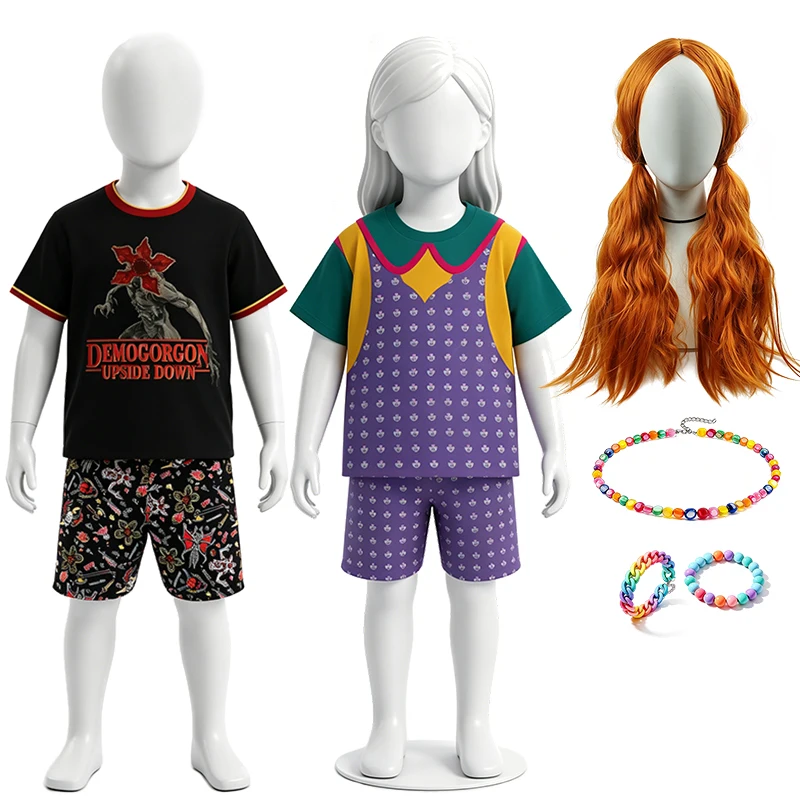 Disfraz de Halloween para Niños, Estilo Stranger Things, Conjunto de Camiseta y Pantalones Cortos para Niños y Niñas, Estilo Retro de los 80, Ropa Infantil para Carnaval