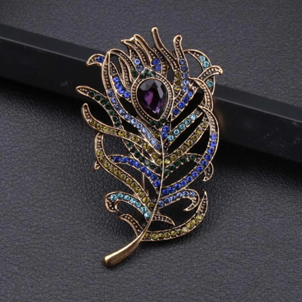 Vintage Peacock Feather Brooch Multicolor Rhinestone Crystal Brooches Pin Wedding Party Clothing Accessories