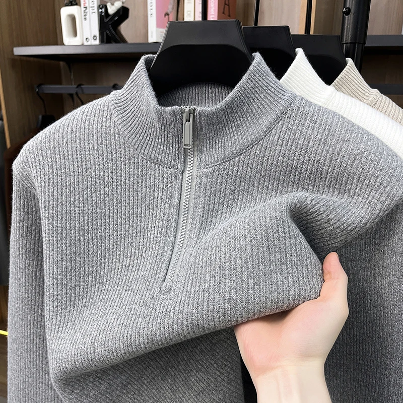 Fashion knitted plush thicken pullover men's high quality solid color winter soft comfort new half zipper stand collar sweater