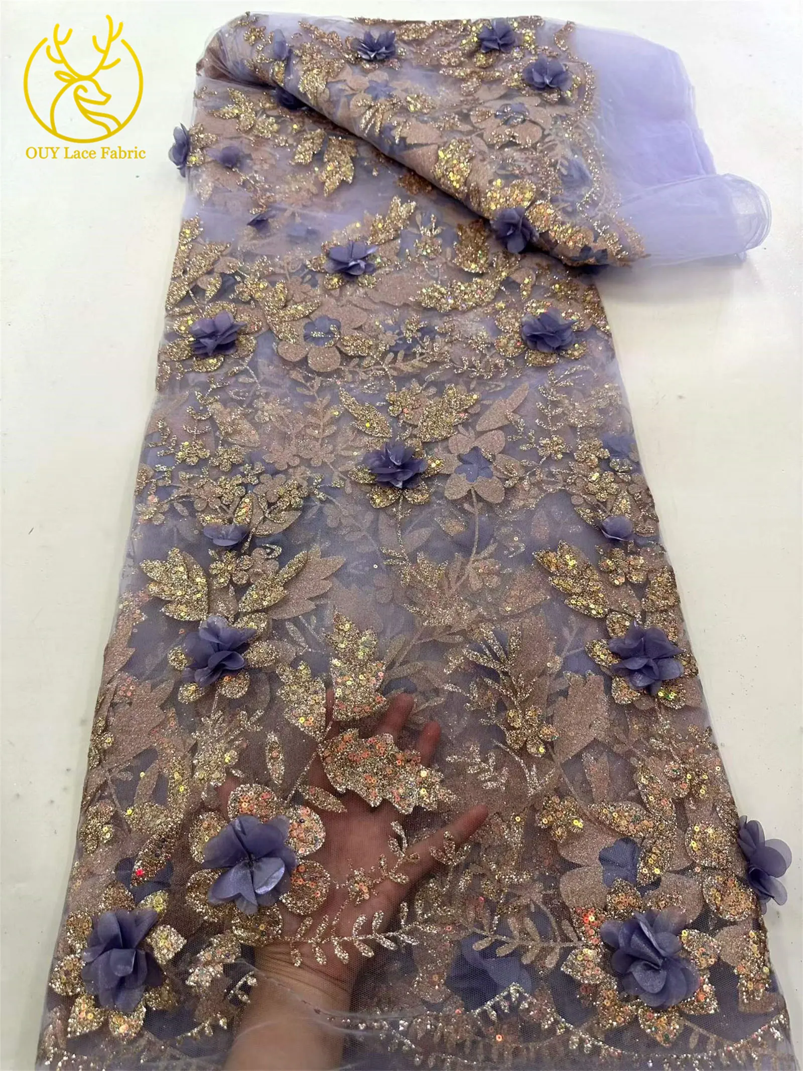 3D-Blumen Afrikanischer Spitzenstoff Roter Nigerianischer Pailletten-Spitzenstoff 2026 Hochwertiger Französischer Tüll-Spitzenstoff für Hochzeitskleider – Detail 10