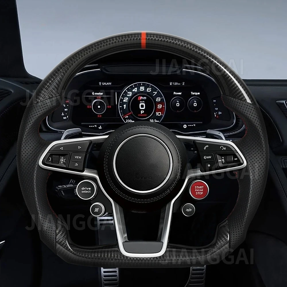 

Dry Carbon Fiber Steering Wheel Red Stitching Position Line For Audi R8 TT TTS TTRS 2016-2023 Perforated Leather Car Accessories