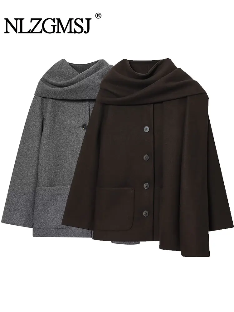 

NLZGMSJ женские повседневные шикарные куртки, однотонный шарф, пальто с круглым вырезом и длинными рукавами, новая мода, осенне-зимняя куртка 2025 года, верхняя одежда, новинка