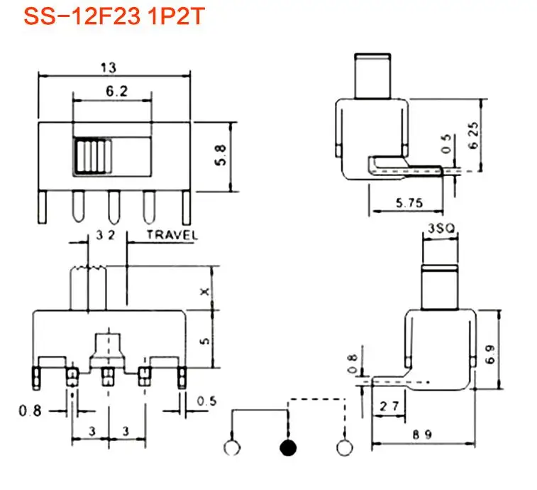 10PCS Micro Switch SS-12F23 Toggle Switch 1P2T Single Row  Bend Foot 2 Gears Handle Length 4mm