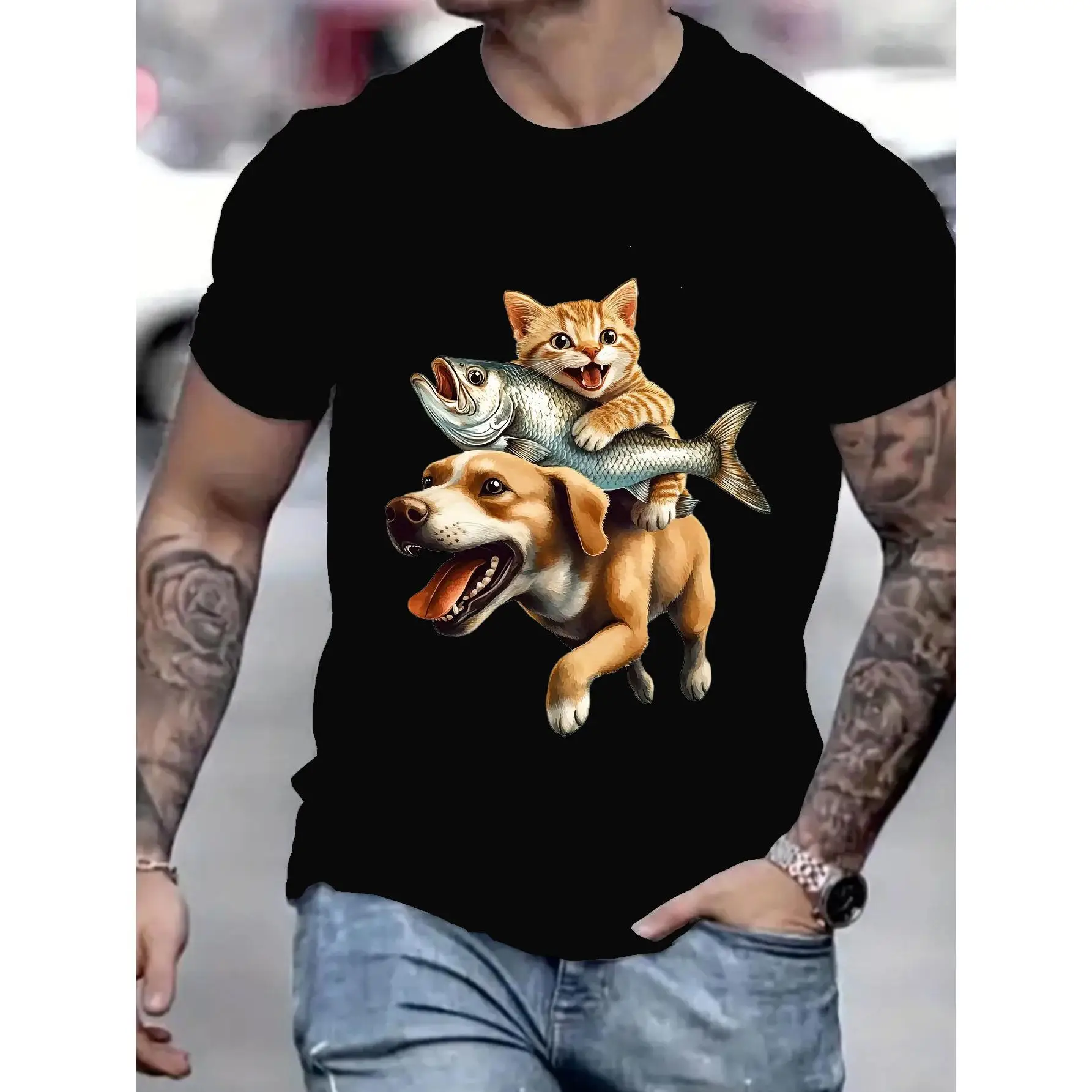 

Funny T-shirt Men Women Unisex Cat Riding Dog Graphic Tee Casual Short Sleeve Pet Lover Gift