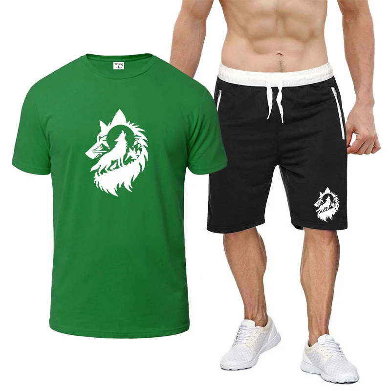 2026 Wolf Moon Logo Print Summer New Fashion Casual Round Neck Solid Color Slim Quick-drying Breathable T-shirt Pants Suits