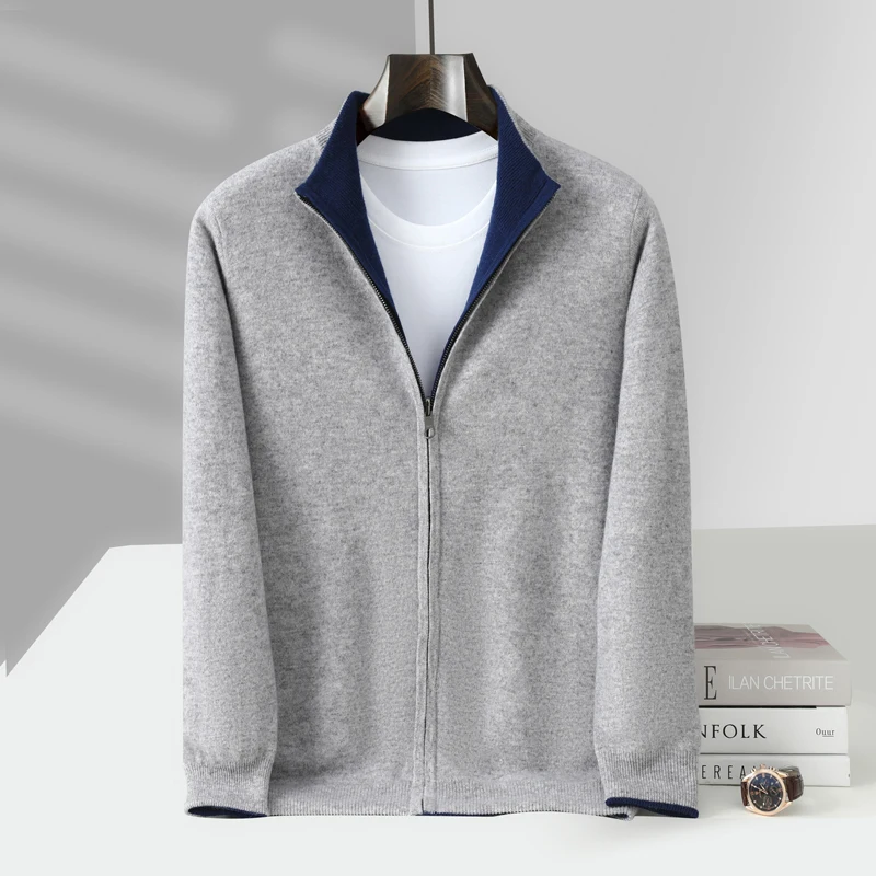 MVLYFLRT мужской кардиган на молнии с воротником-стойкой, 100% мериносовая шерсть, вязаный двусторонний кардиган, осенне-зимняя толстая теплая куртка
