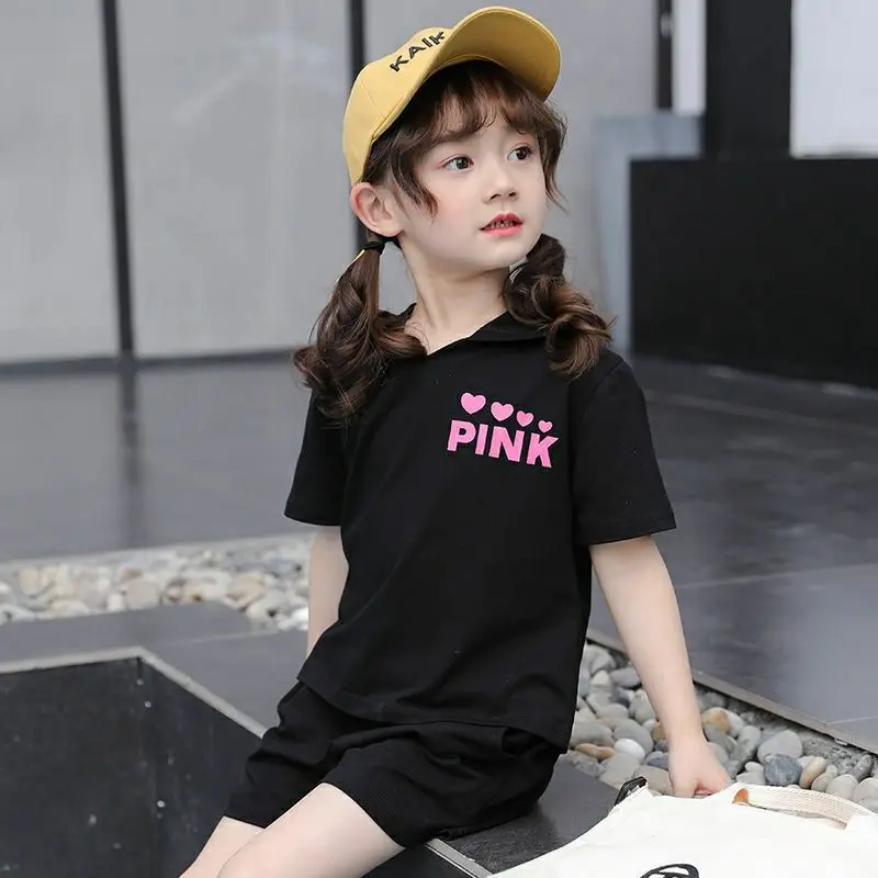 2024 fashion Girls Summer Suit New Child set Clothes Shorts pink heart hooded T-shirt + hot pant Teenager Kids 4 7 8 9 12 year