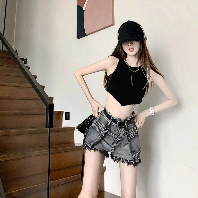 

Korean Style New In High Waist Women's Cargo Denim Shorts Trend 2025 Youthful Low Price Elasticty Flowy Female Short Jeans Pants