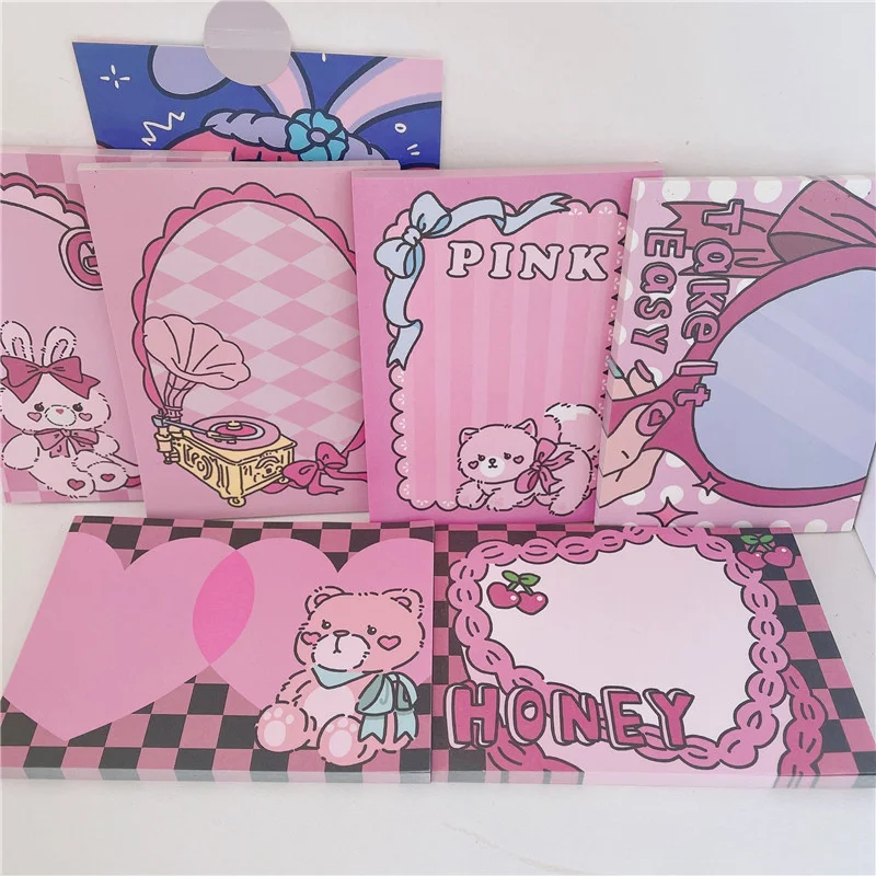 Cartoon Bear Bunny Pink Memo Pad Vintage Y2K Style Girl Decorative Message Paper Student Notepad School Stationery 50 Sheets