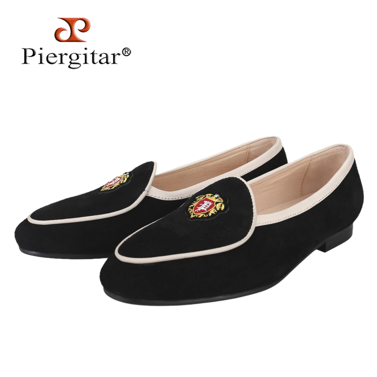 Piergitar Classic Style Black Suede Slip-On Smoking Shoes With Handmade Custom Indian Silk Badge Fashion Model Men's Loafers