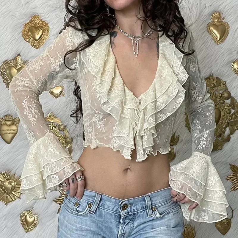 

Transparent Chiffon Blouse Women Vintage Lace Crop Cardigan Long Sleeve Sexy V Veck Shirts Aesthetic Korean Fashion
