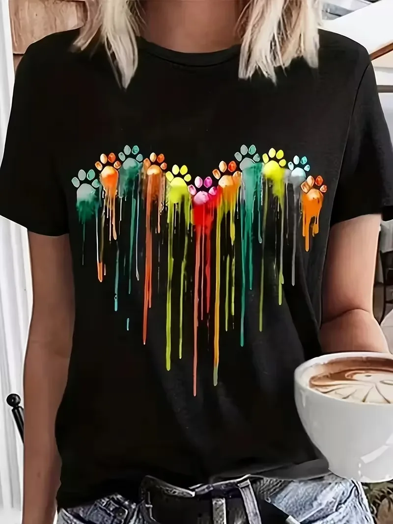 

Summer women's fashionable painted heart and paw print pattern casual and comfortable loose round neck short sleeved T-shirt top