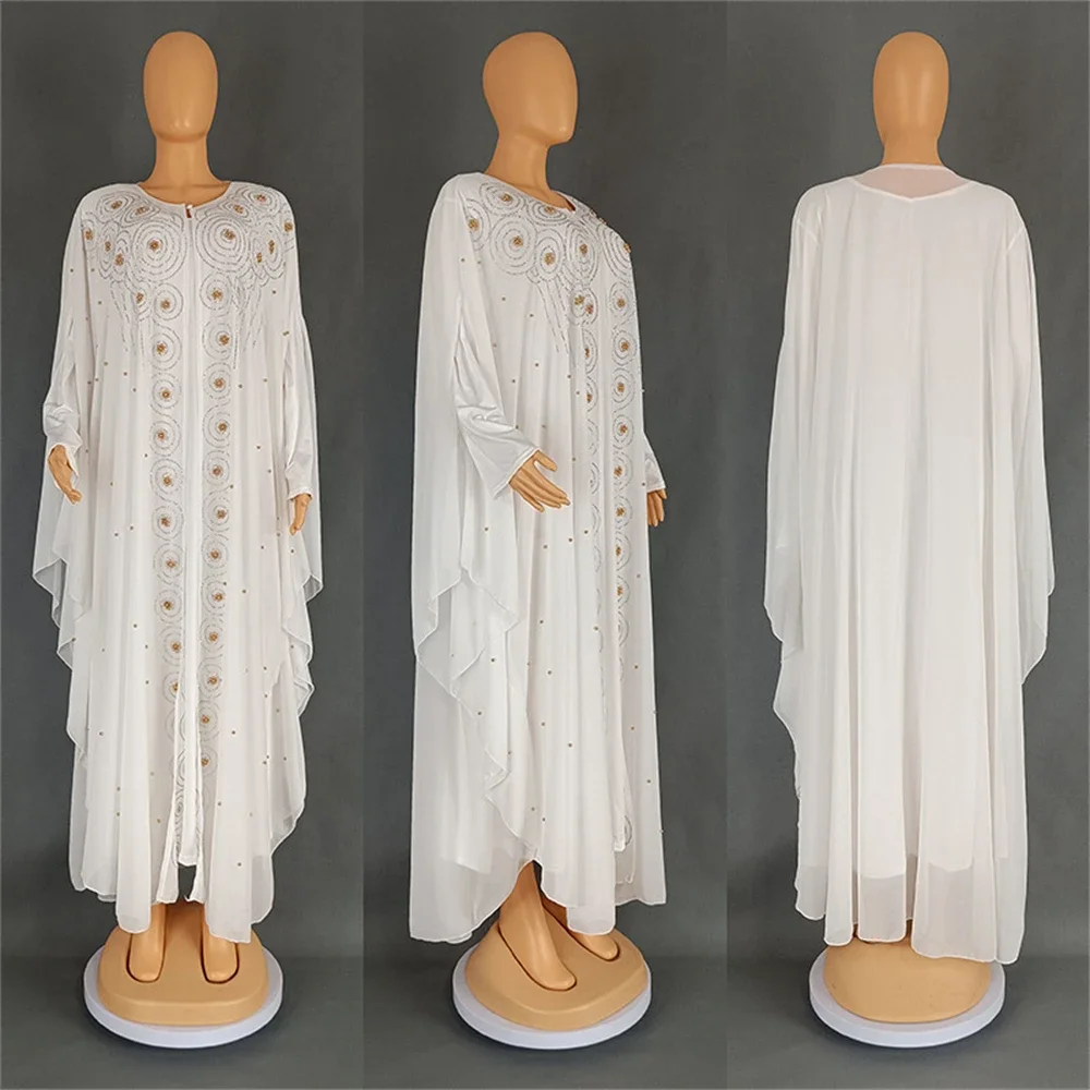 

2pcs African Dresses For Women Diamonds Chiffon Maxi Dress Ramadan Abaya Dubai Kaftan Africa Clothing Boubou Robe Dashiki Gown