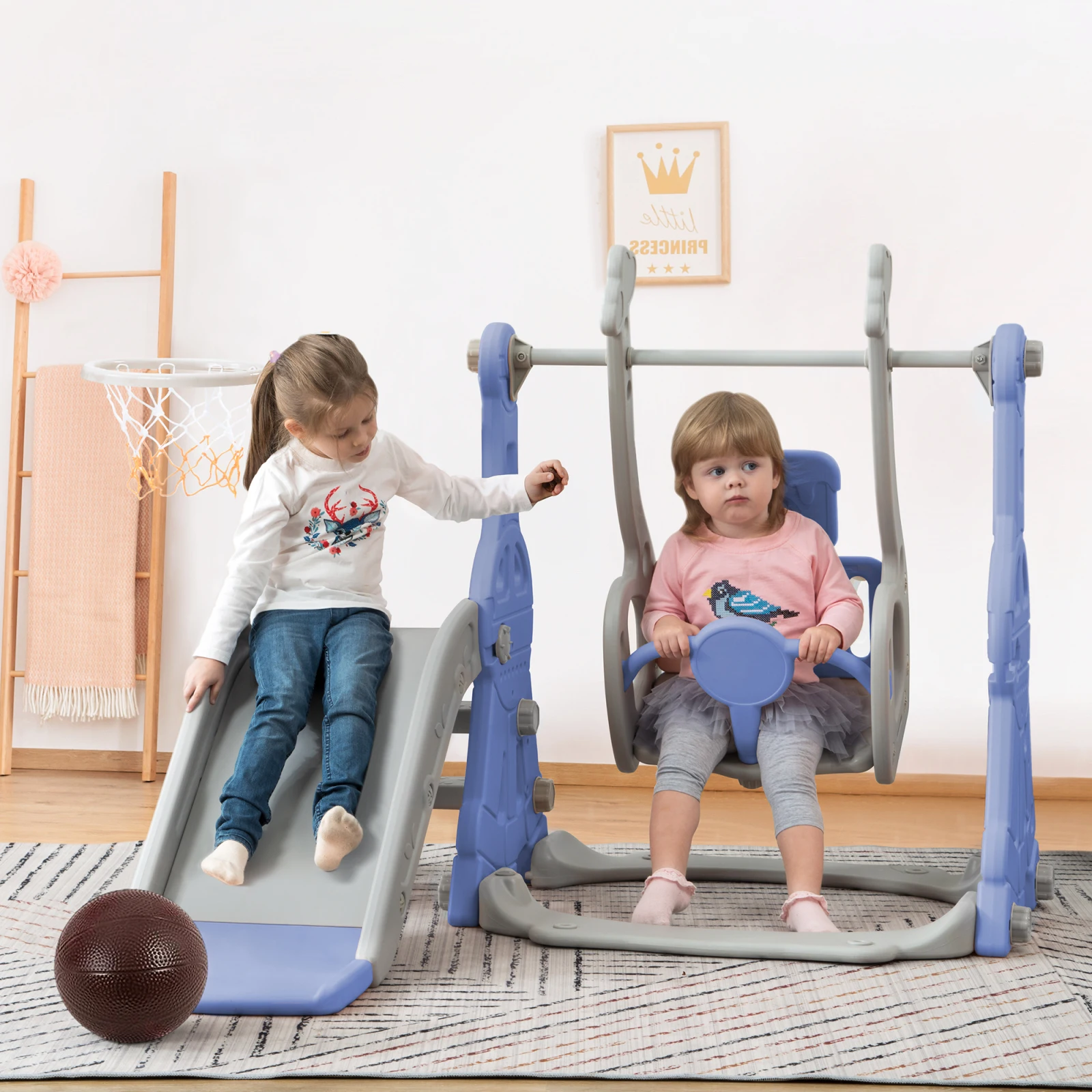 Tobogán para niños, columpio tobogán infantil 4 en 1 con soporte de baloncesto, escalera de escalada, columpio tobogán para interior y exterior