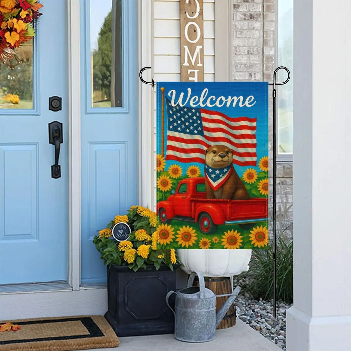 REZHOCH Patrioctic Welcome Red Truck Otter Garden Flag 12x18 Inch Double Sided Sunflowers Memorial Day Independence Day 4th  IIC