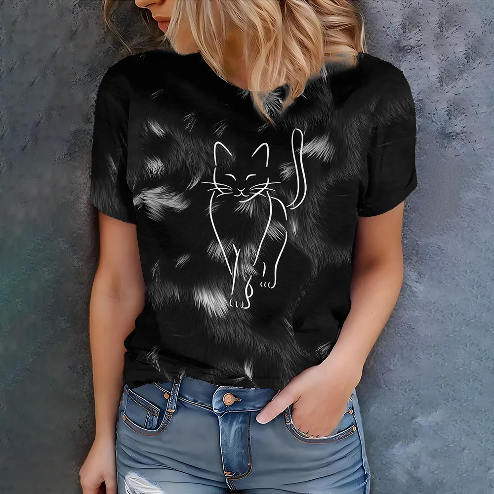 

Ladies' personalized black cat T-shirt with simple lines and artistic sense - new summer collection in 2025