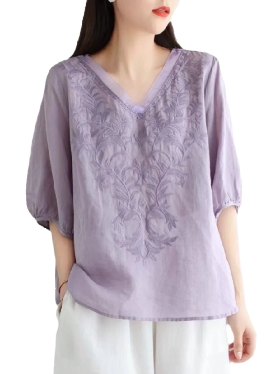 Nueva Csa de Lino Bordada para Mujer 2025 Verano Deada Manga Corta Vintage Hoada Talla ande Aodón Lino Versátil Top
