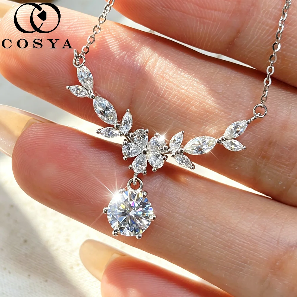 

COSYA 1CT Full Moissanite Necklace for Women S925 Silver Branch Twig Pendant Chain Pass Diamond Tset Dainty Fine Jewelry Gift